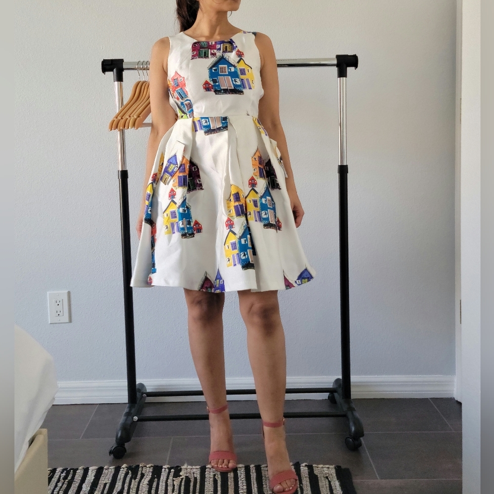 White Sleeveless House Print Fit & Flare Belted Dress